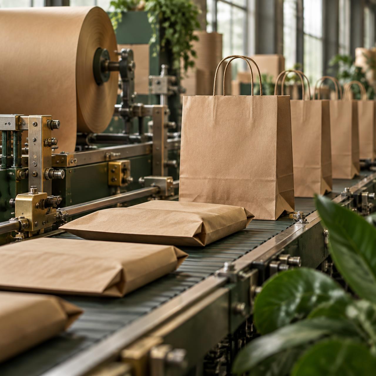 Kraft paper bags moving through a modern sustainable packaging production line